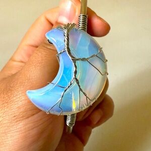 Opal Crystal Crescent Moon, silver tone wire wrapped bangle bracelet